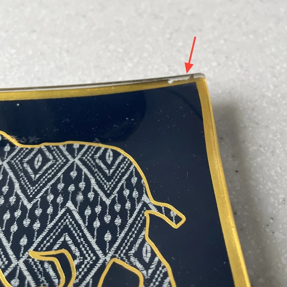 Elephant Heart Navy Blue Glass Trinket Dish Gold Trim Rectangular Tray Boho Love